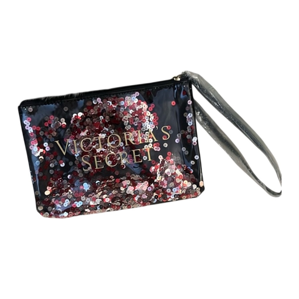 Victoria Secret Pink Red Silver Sequins Wristlet Zipper Make-up Pouch Mini Bag